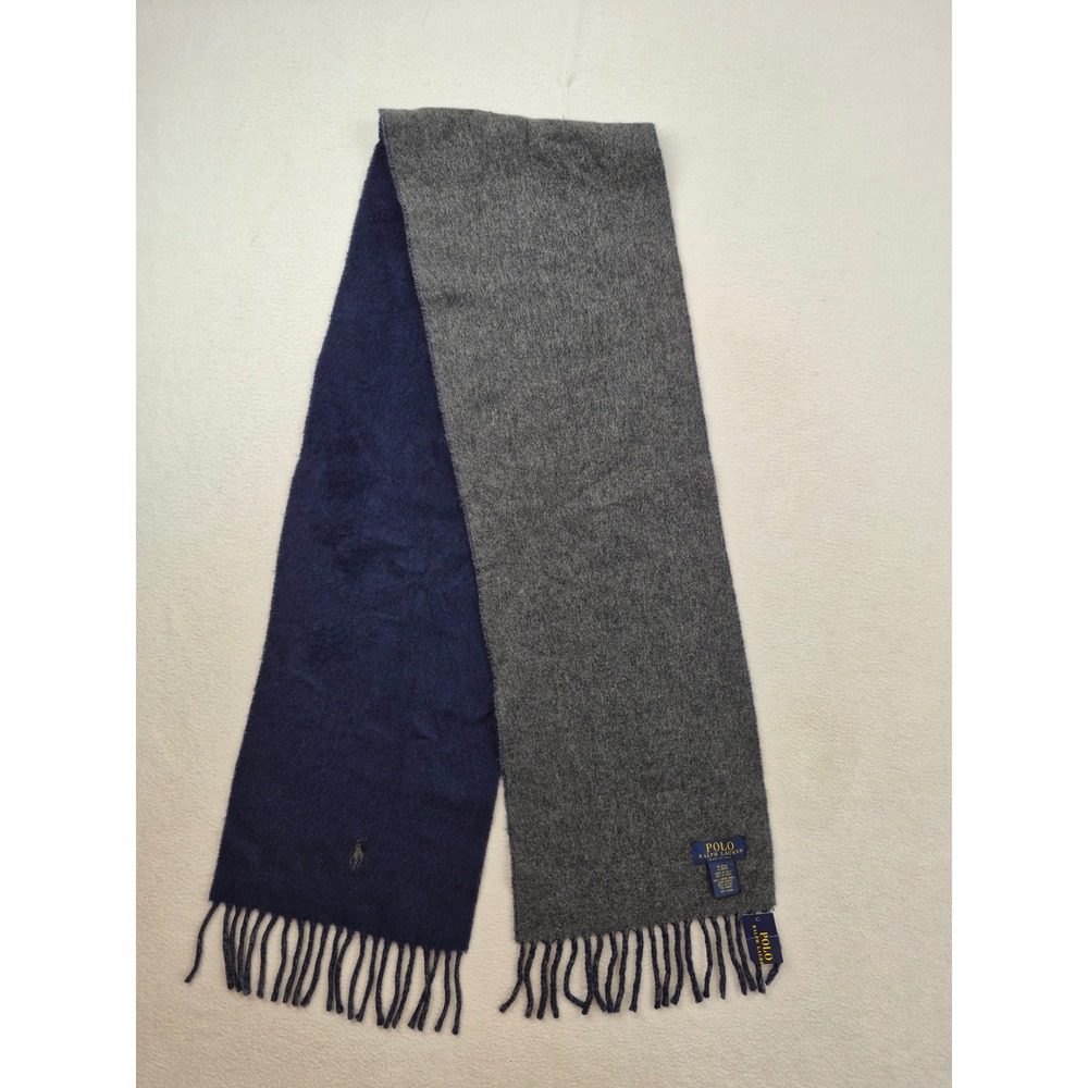 Polo Ralph Lauren Reversible Scarf Navy Blue Grey Virgin Wool ITALY 6F0205 NEW - Picture 1 of 10